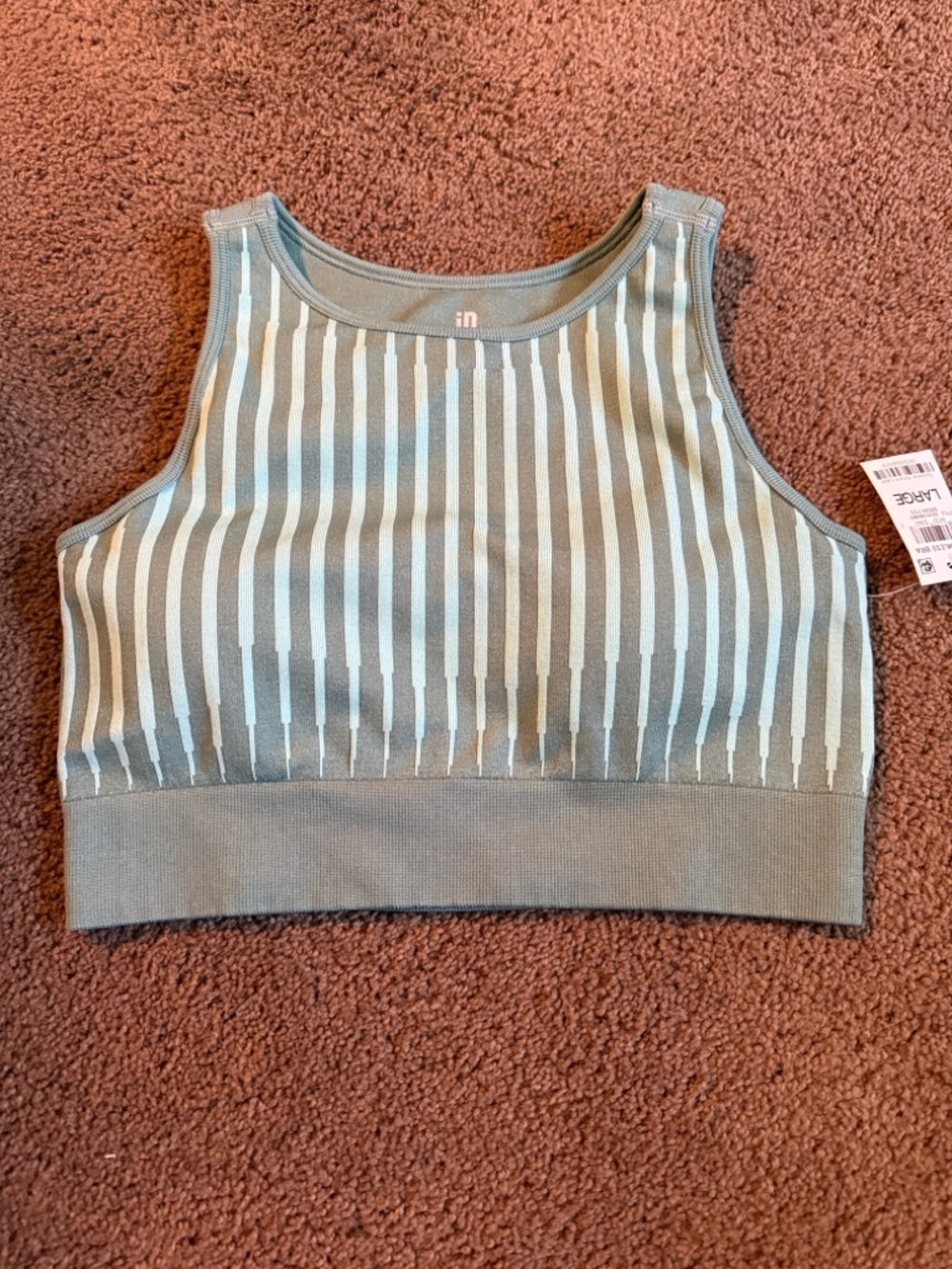 Ideology Green Fog High-Neck Sports Bra with Striped Back Cutout Size L NWT